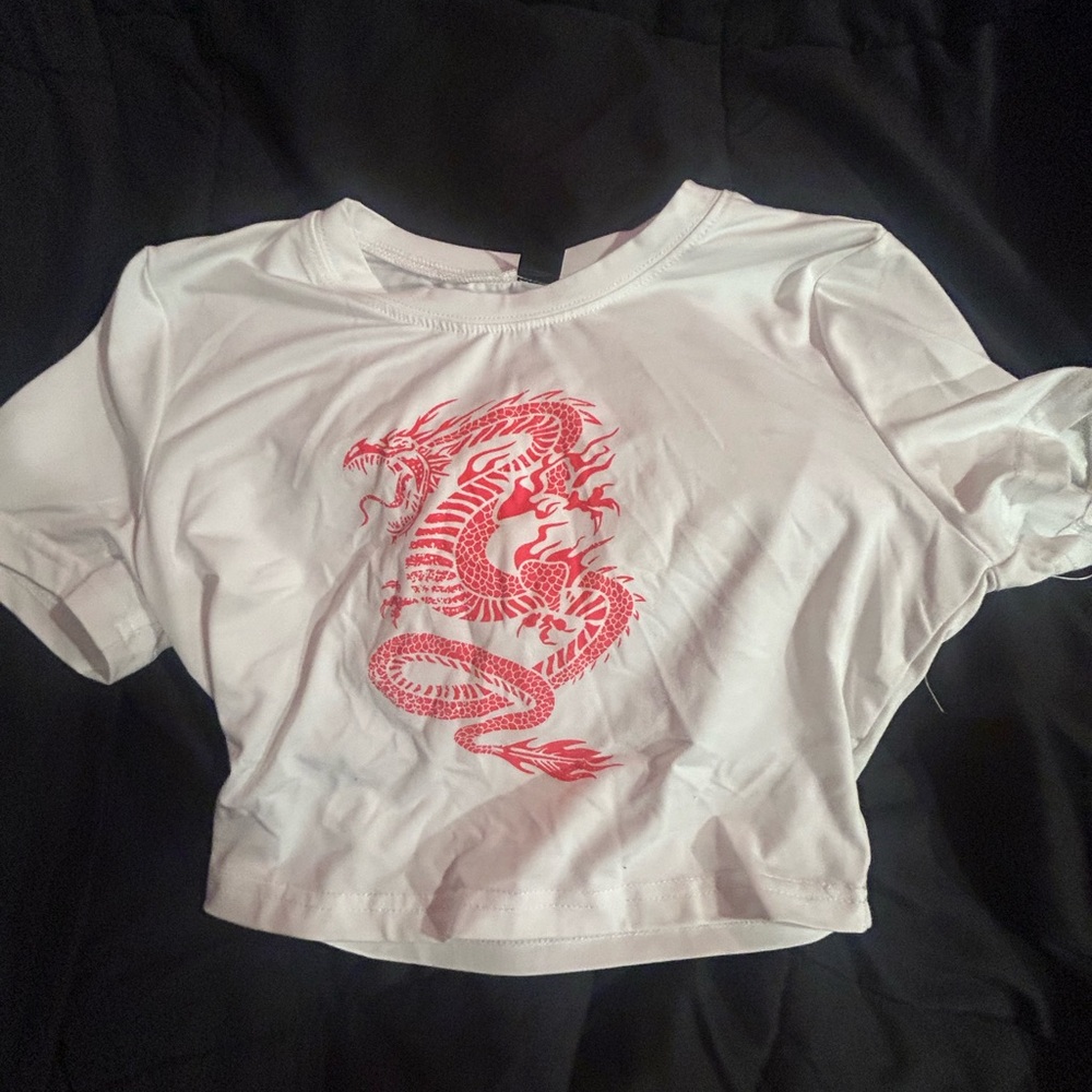 White Dragon Print Crop Top